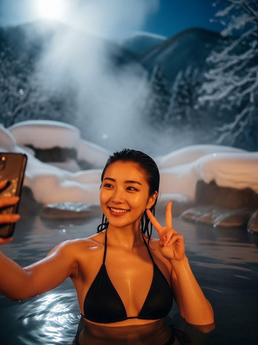 Photorealistic Japanese Female Influencer in Hot Spring — example 2