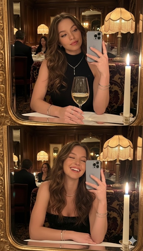Ultra-Photorealistic Mirror Selfie POV in a Vintage Bistro — example 2