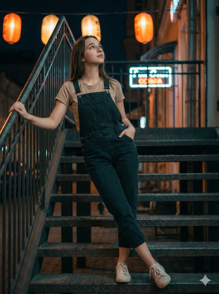 Cinematic Night Portrait on Urban Stairs — example 3