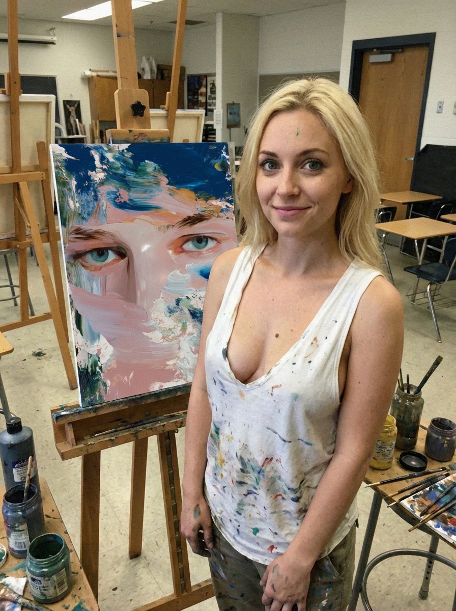 Low-Quality Smartphone Photo of an Artist in a Classroom — example 1