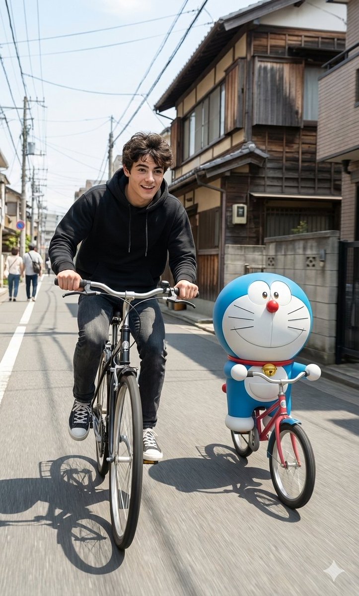 Cinematic Realism with Cartoon Character on Bicycle — example 1