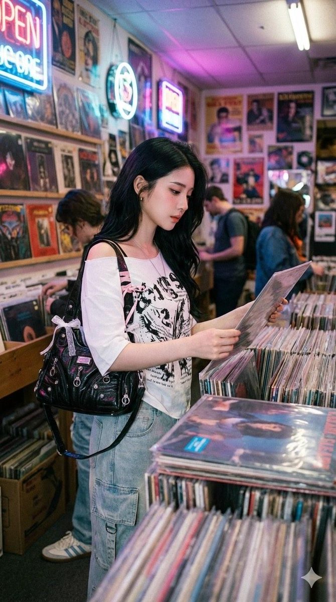 Y2K Coquette Streetwear in a Vintage Record Store — example 1