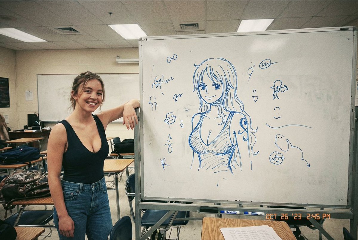 Candid Smartphone Photo: Celebrity with Whiteboard Sketch — example 1