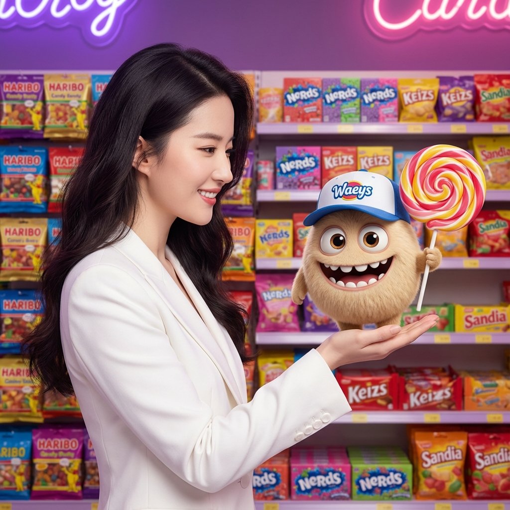 Mixed-Media Portrait with CGI Mascot in Candy Store — example 1