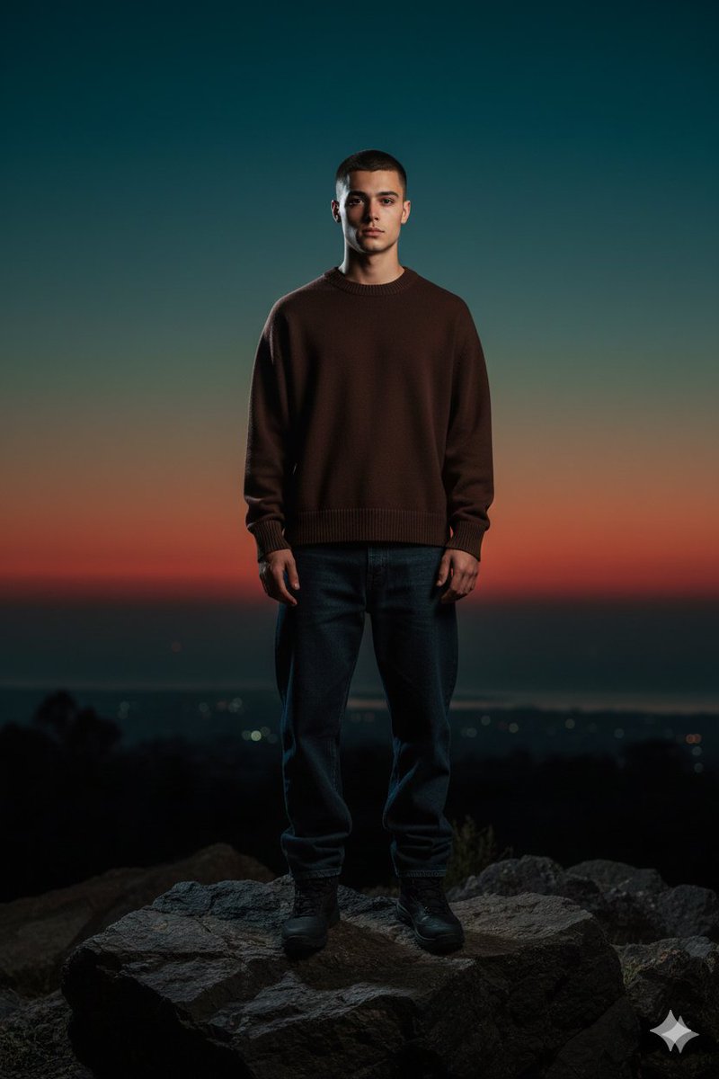 Full-Body Portrait with Frontal Flash at Blue Hour Sunset — example 1