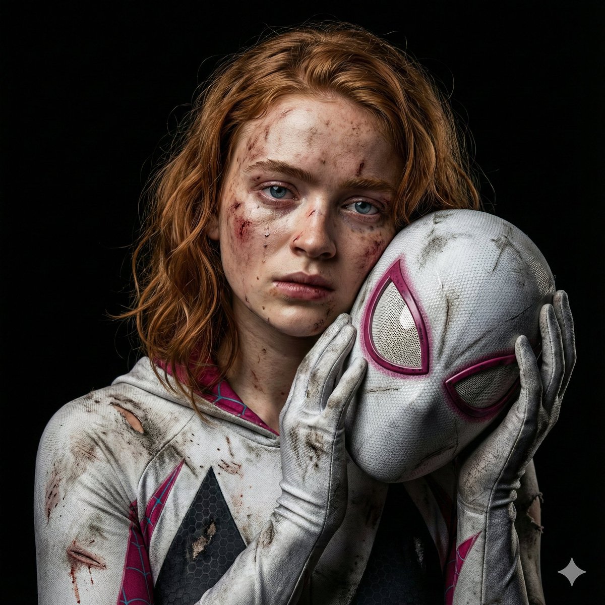 Gritty Cinematic Portrait of Sadie Sink as Injured Ghost-Spider (Duplicate) — example 1