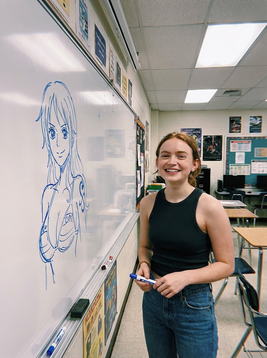 Candid Classroom Photo with Anime Sketch on Whiteboard — example 1