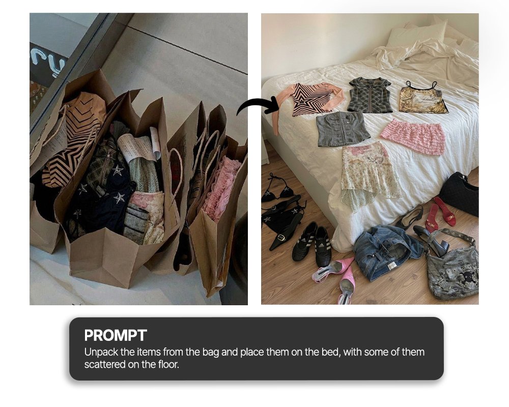 Unpack items from bag onto bed haul shot — example 1