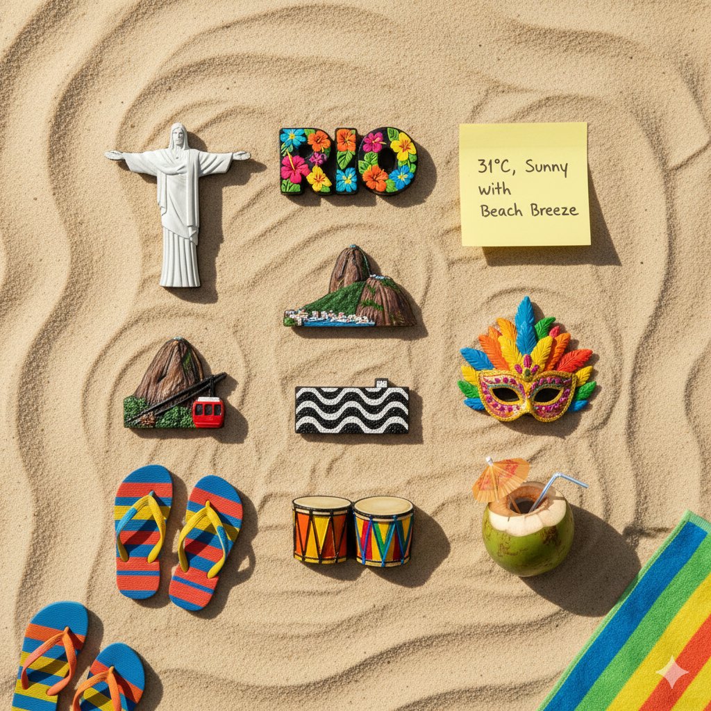 Knolling Flatlay of City Landmark Magnets — example 1
