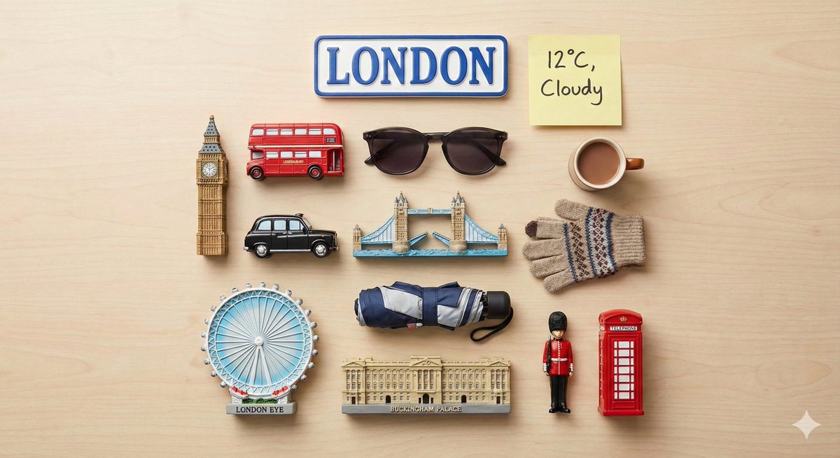 Knolling Flatlay of City Landmark Magnets — example 2
