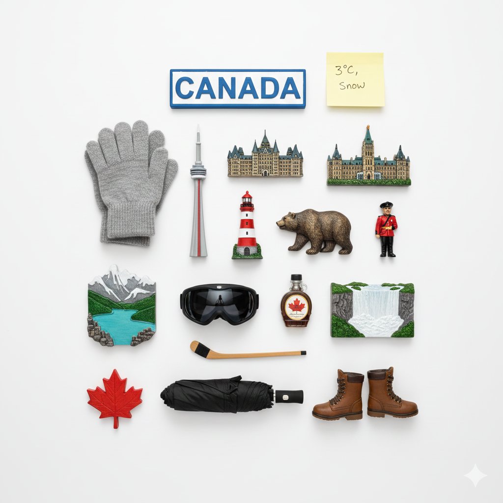 Knolling Flatlay of City Landmark Magnets — example 3