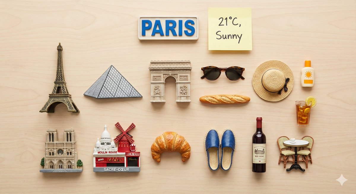 Knolling Flatlay of City Landmark Magnets — example 4