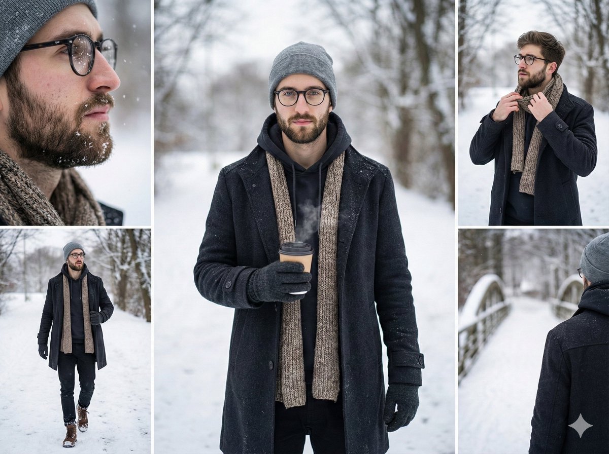 Multi-Shot Cinematic Fashion Collage in Winter — example 1