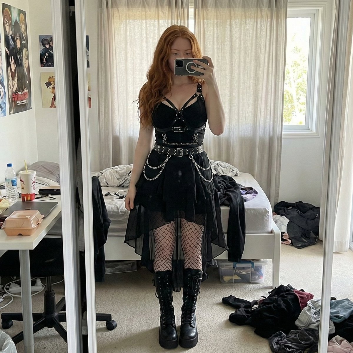 Gothic Mirror Selfie in Messy Bedroom — example 1