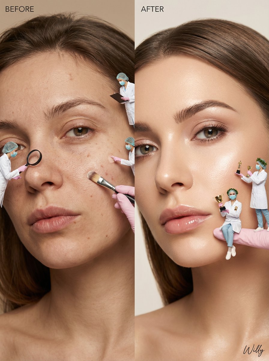 Surreal Skincare Before/After Editorial with Miniature Figures — example 1