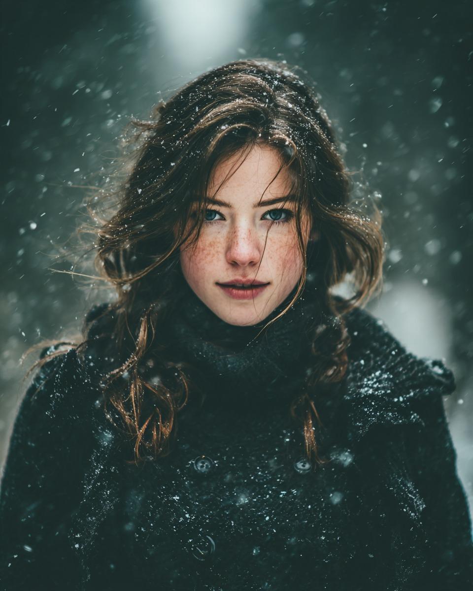Cinematic Winter Portrait with Snowfall — example 1