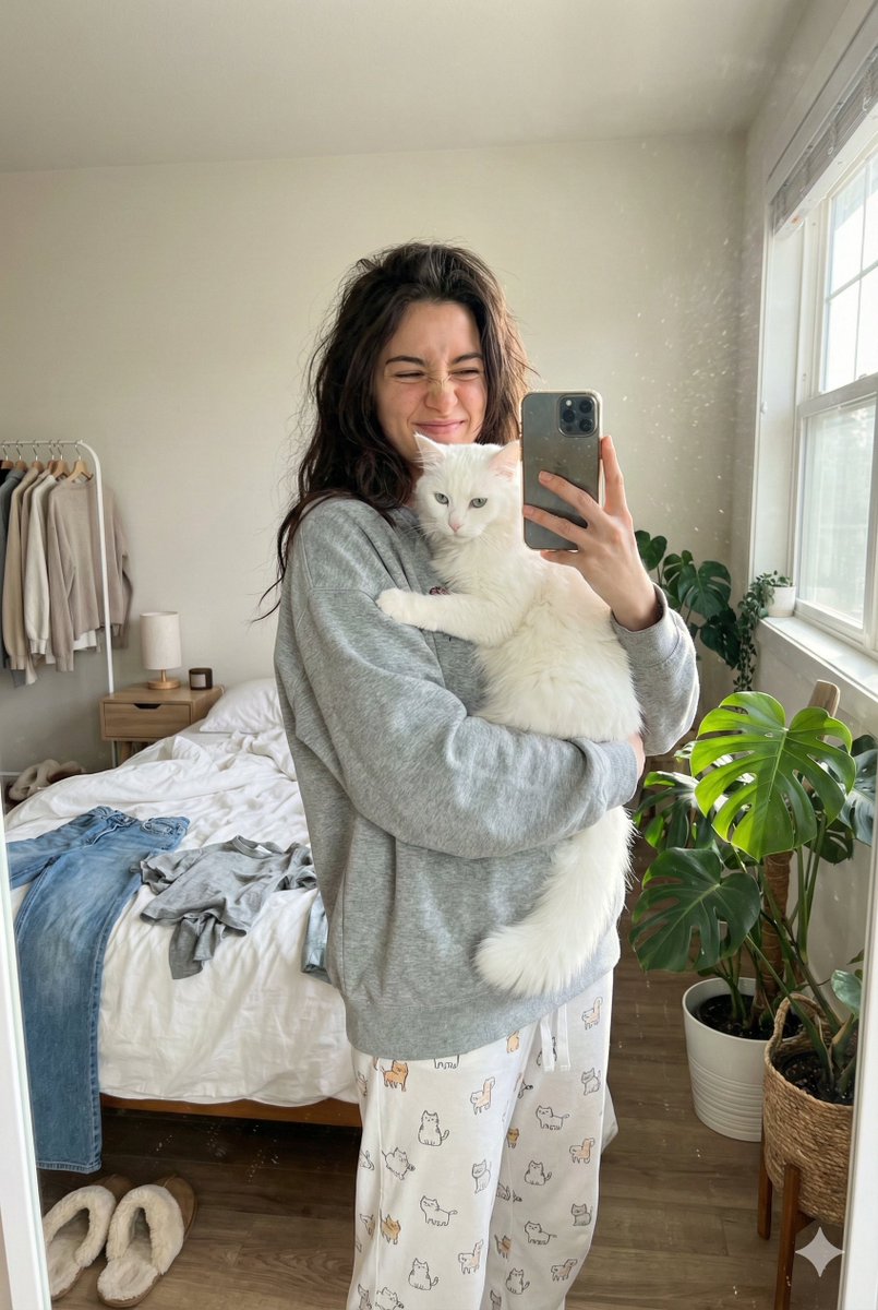 Candid Mirror Selfie with a Fluffy Cat — example 1