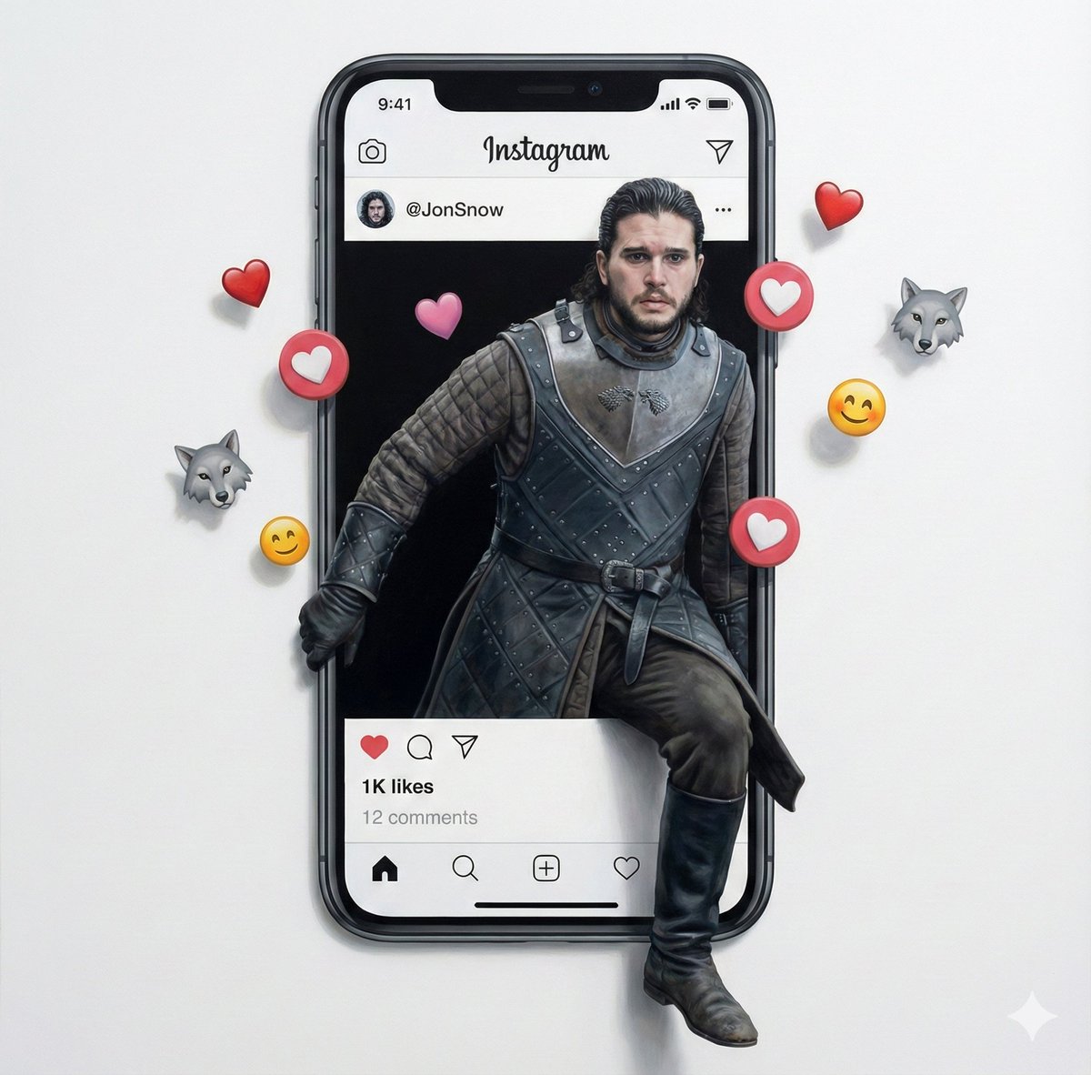 Trompe l'oeil subject stepping out of social media screen — example 1