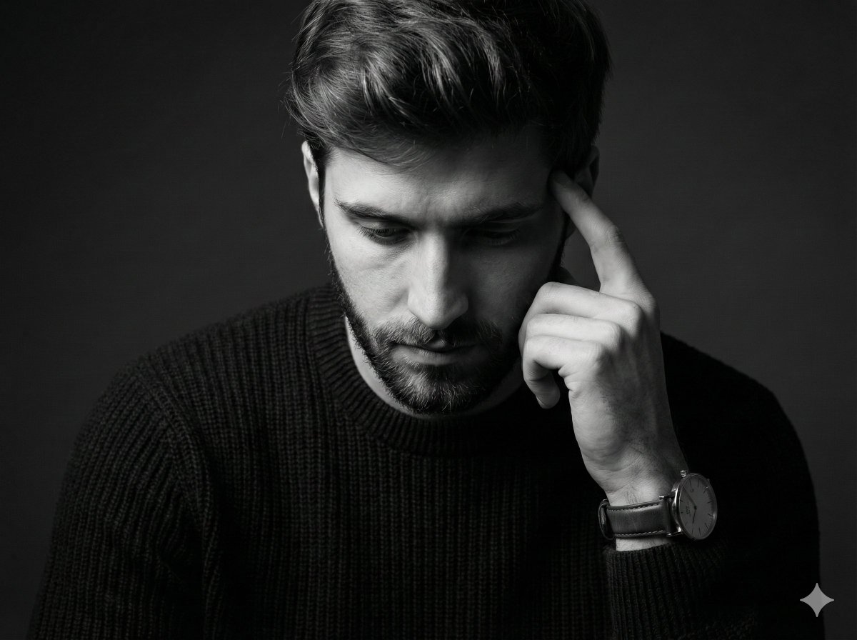 Monochrome Pensive Male Portrait (Fine Art Style) — example 1