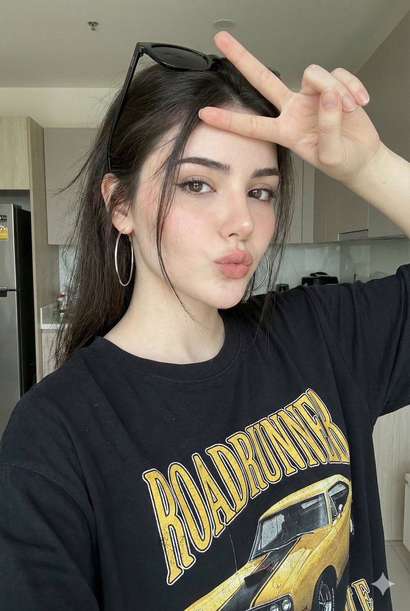 Playful Selfie Portrait with Peace Sign (JSON) — example 1