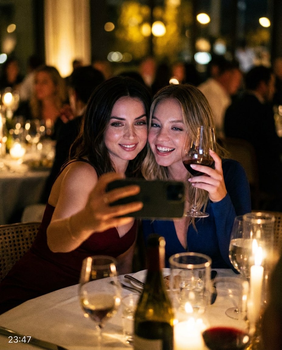 Low-Quality Smartphone Selfie of Ana de Armas and Sydney Sweeney — example 1