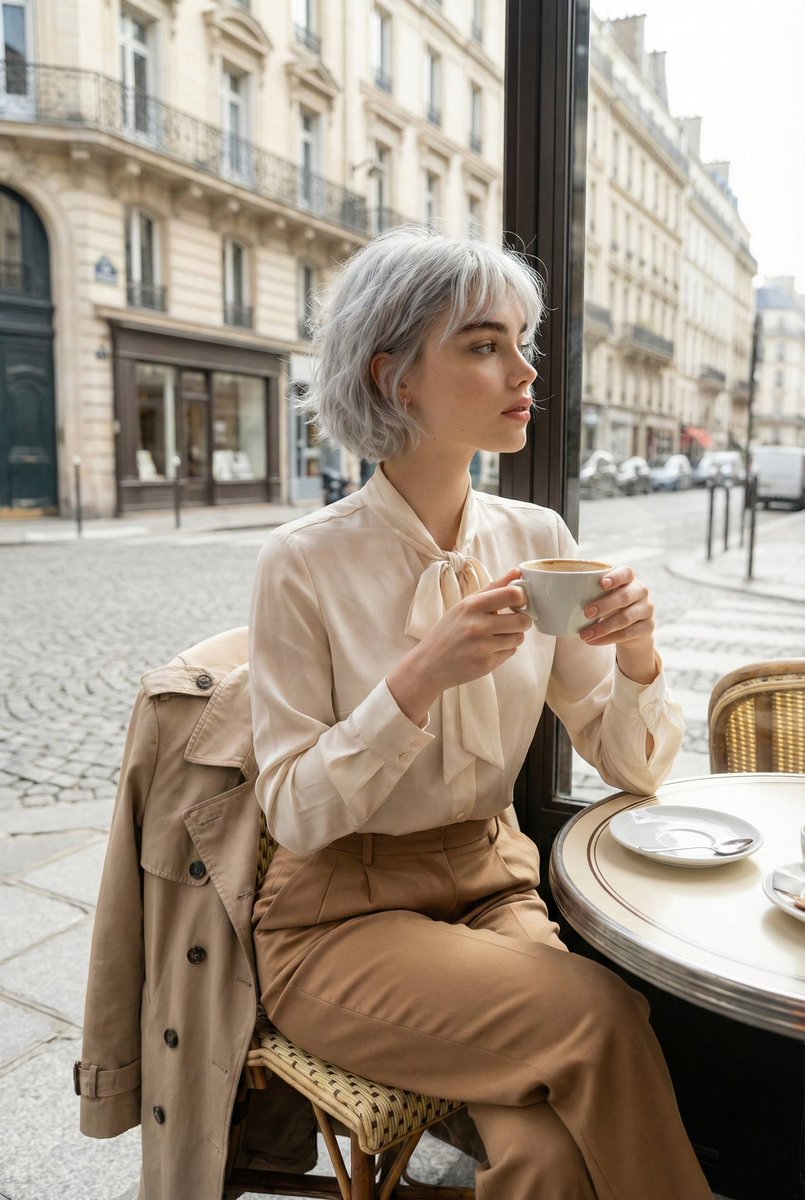 Candid Parisian Café Portrait with Silver Hair — example 1