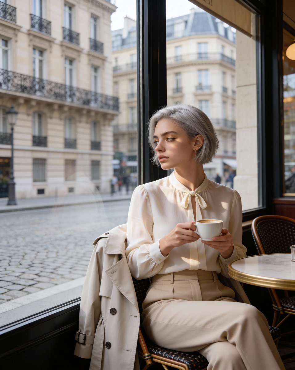 Candid Parisian Café Portrait with Silver Hair — example 2