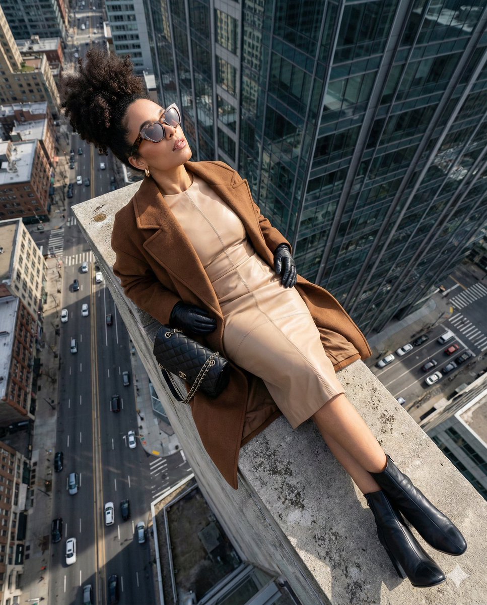 High-Angle Fashion Editorial on Skyscraper Rooftop Ledge — example 1