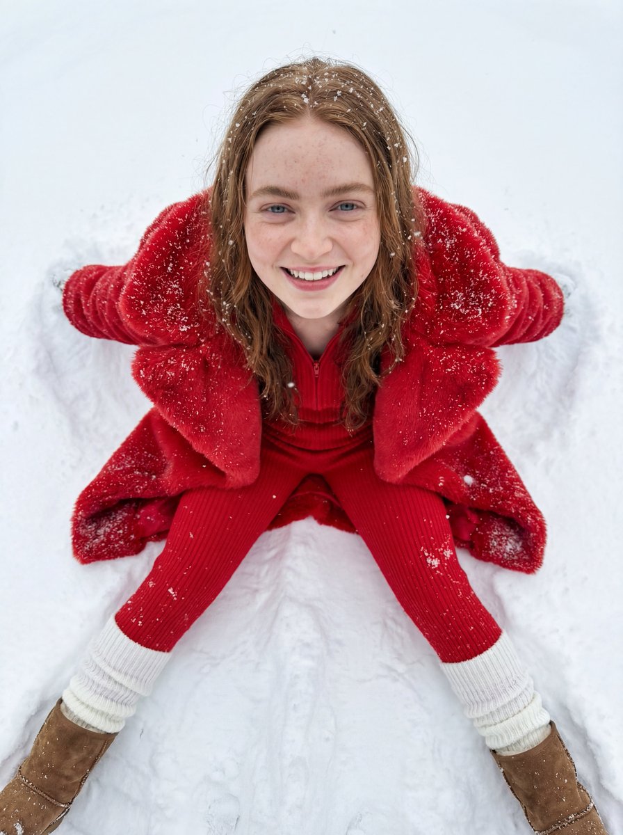 Sadie Sink Macro-Portrait in Snow JSON Prompt — example 1