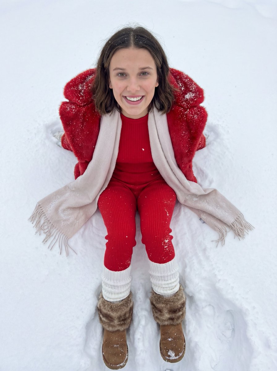Sadie Sink Macro-Portrait in Snow JSON Prompt — example 2