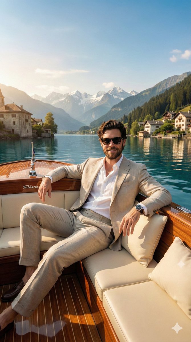 Luxury Boat Alpine Lake Editorial Photo Prompt — example 1