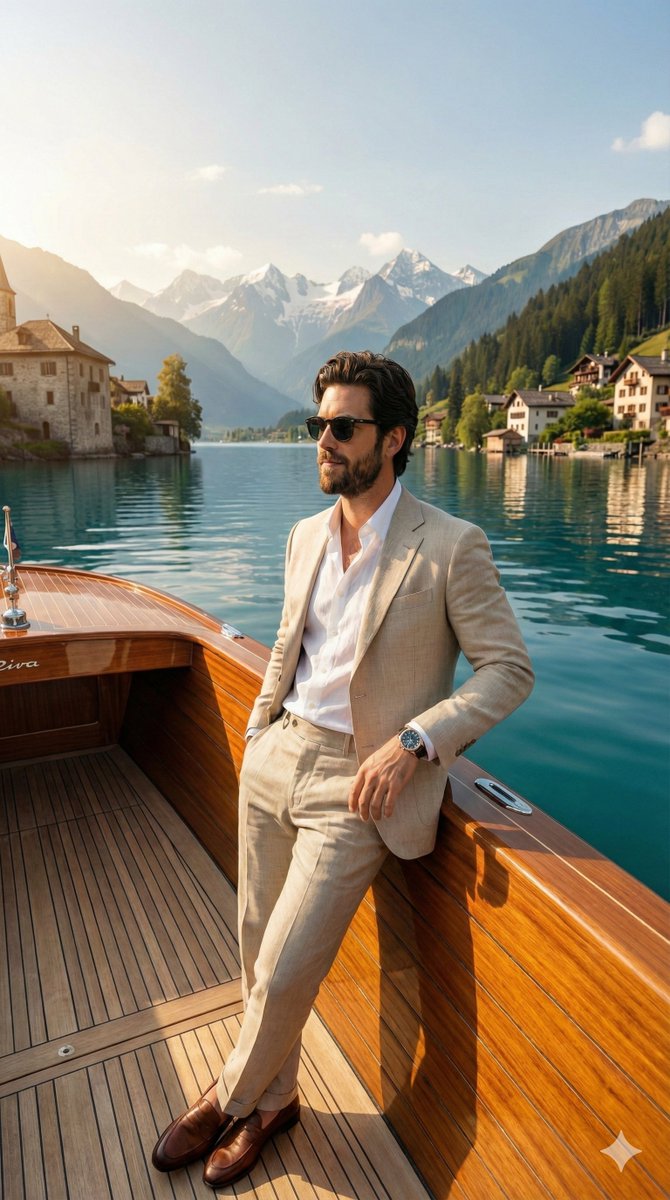 Luxury Boat Alpine Lake Editorial Photo Prompt — example 2