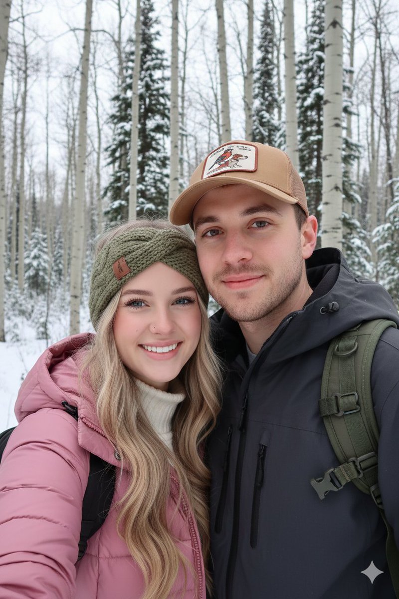 Winter Hiking Couple Selfie JSON Prompt — example 1