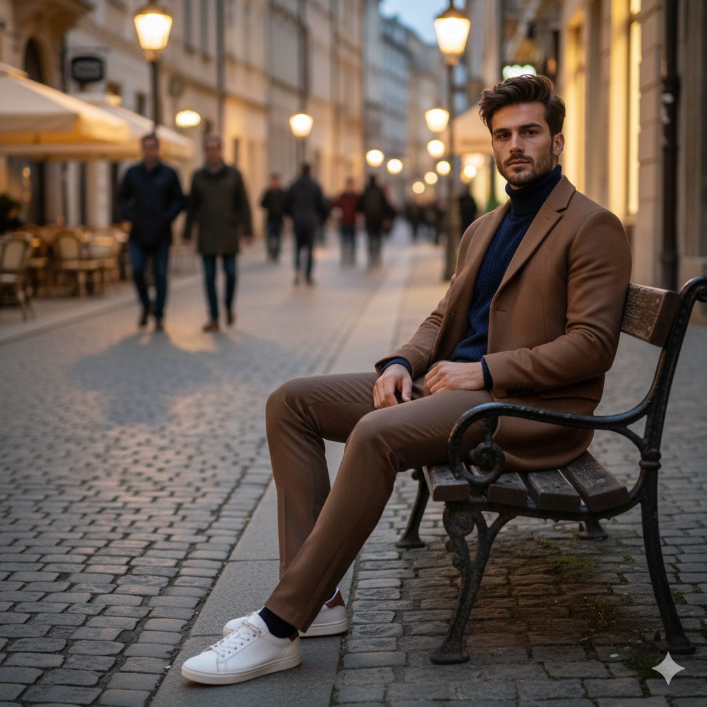 Stylish Man on European Cobblestone Street Prompt — example 1