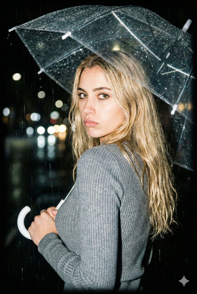 Nighttime Rainy Umbrella Portrait Prompt — example 1