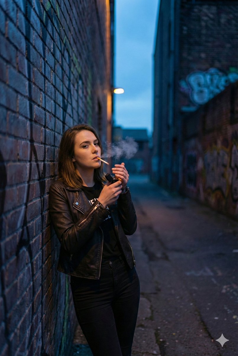 Gritty Cinematic Alleyway Portrait at Twilight — example 1