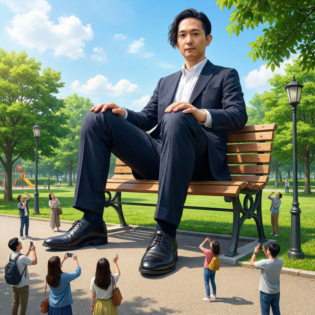 Giant Self on a Bench Prompt — example 1