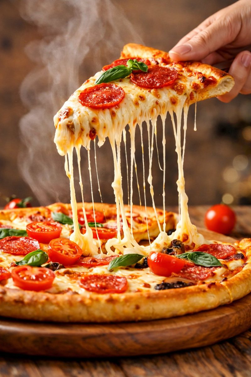 Hyper-realistic cinematic close-up of a pepperoni pizza slice with dramatic cheese pull — example 1