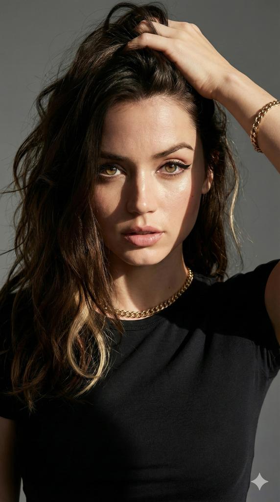 Hyper-realistic fashion portrait prompt for Ana de Armas style image generation — example 1