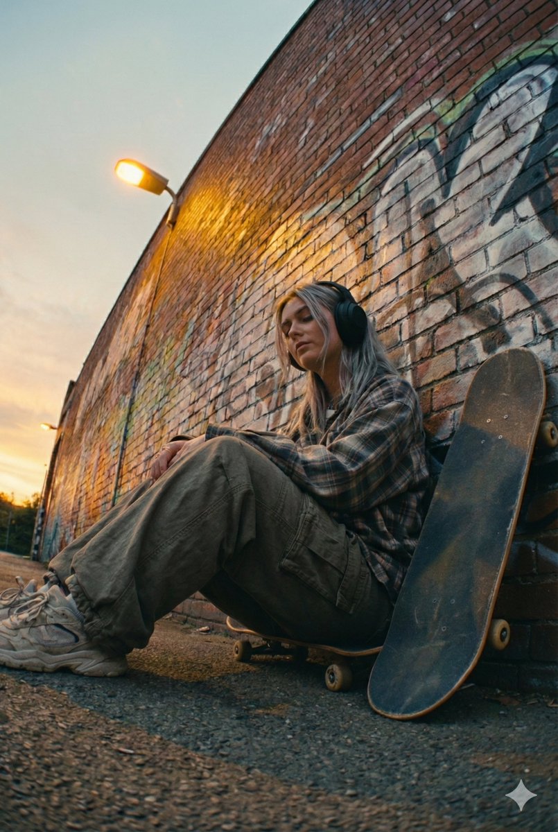 Cinematic Street Portrait of a Young Woman Listening to Music — example 1