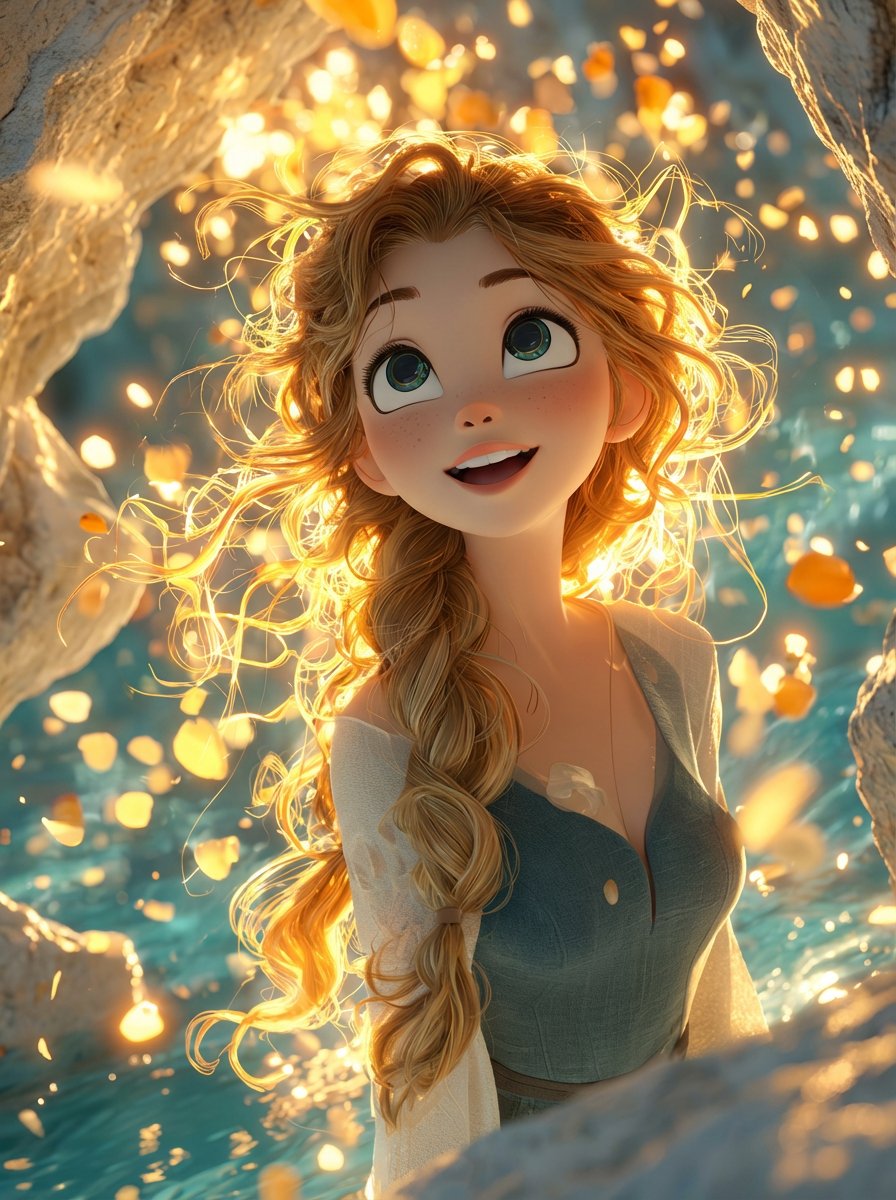 Dreamy 3D Animated Girl in Magical Cave — example 1