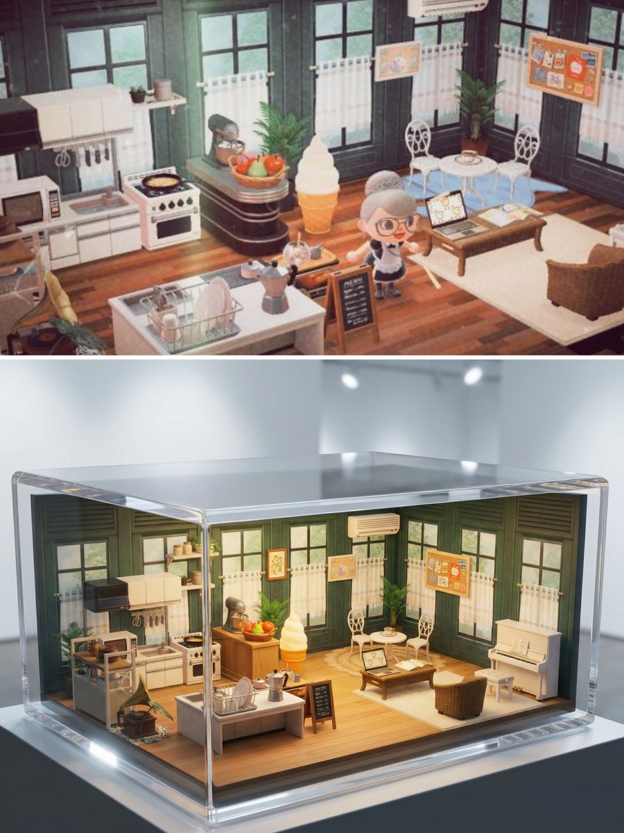 Realistic Interior to Transparent Miniature Diorama Prompt — example 4