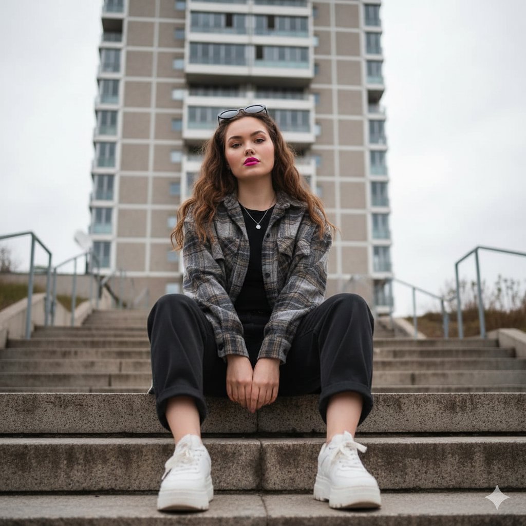 Low-Angle Full-Body Portrait on Concrete Steps — example 1