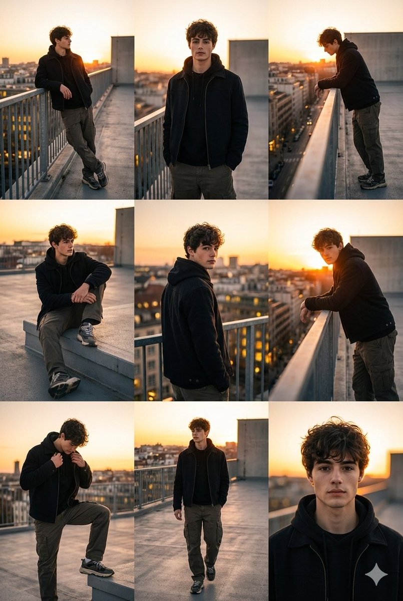 3x3 Cinematic Fashion Collage on a Rooftop at Sunset — example 1