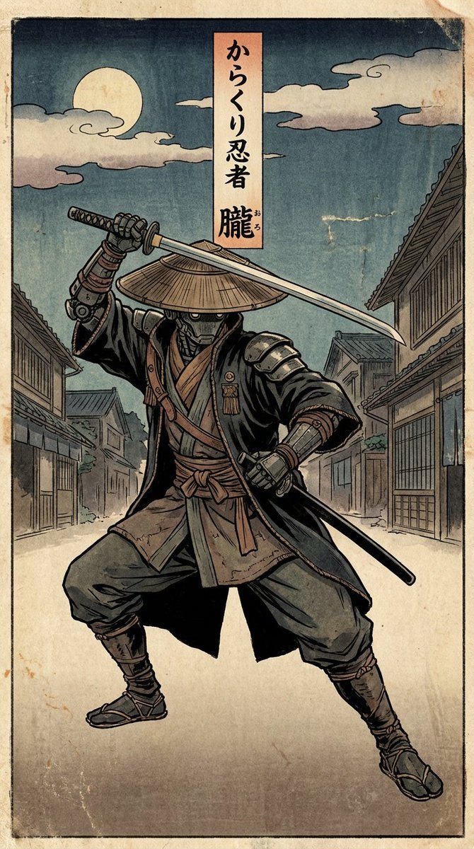 Edo-style woodblock print ninja character — example 1