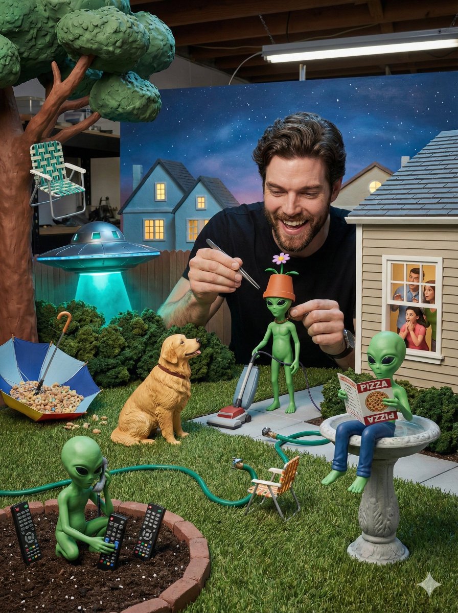 Miniature Diorama of Confused Alien in a Suburban Backyard — example 1