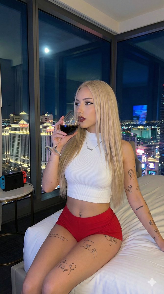 Candid Medium Shot of Woman Sipping Wine in Vegas Hotel — example 2