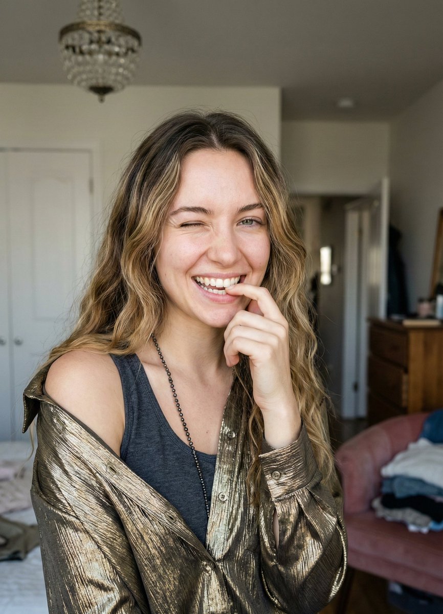 Candid Portrait of Woman Winking and Biting Finger — example 1