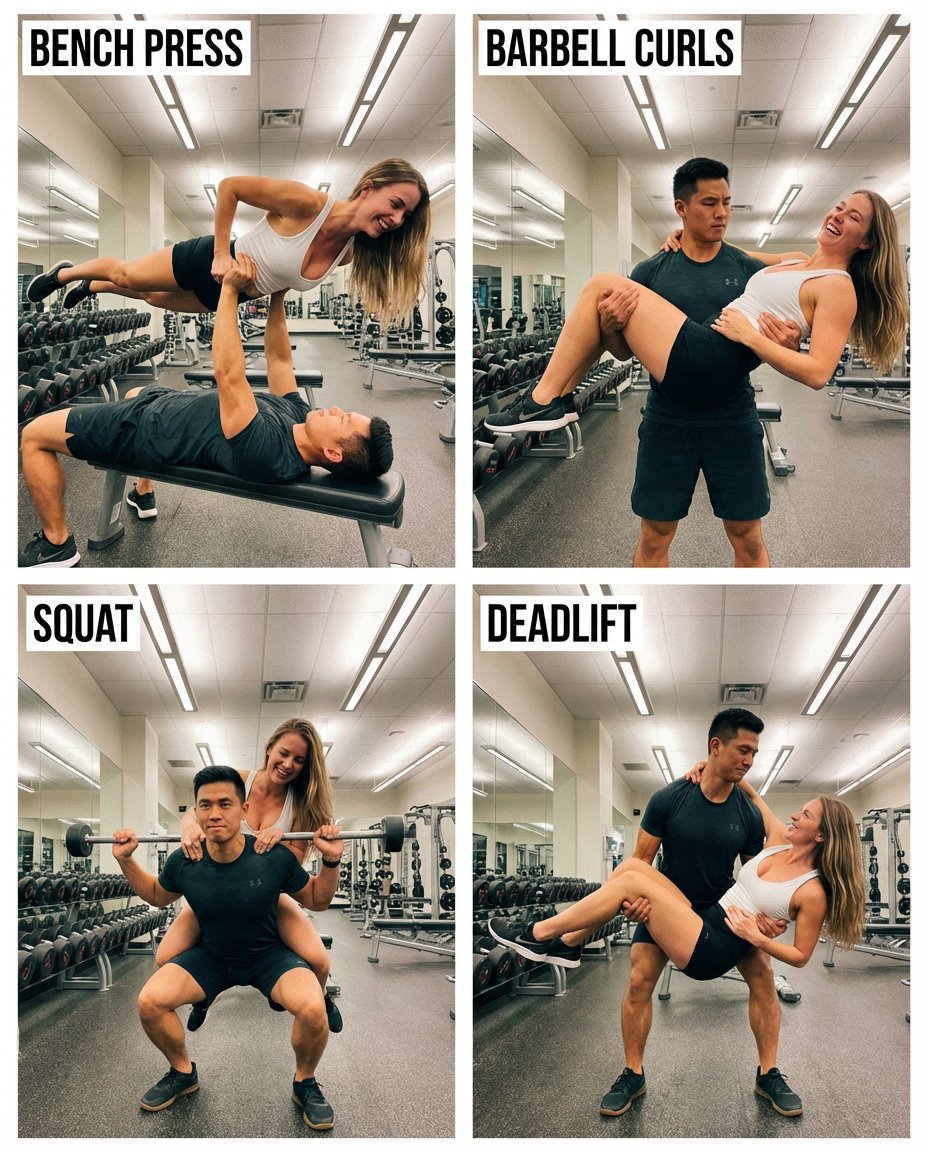2x2 Collage of Couple Lifting Each Other in Gym — example 1