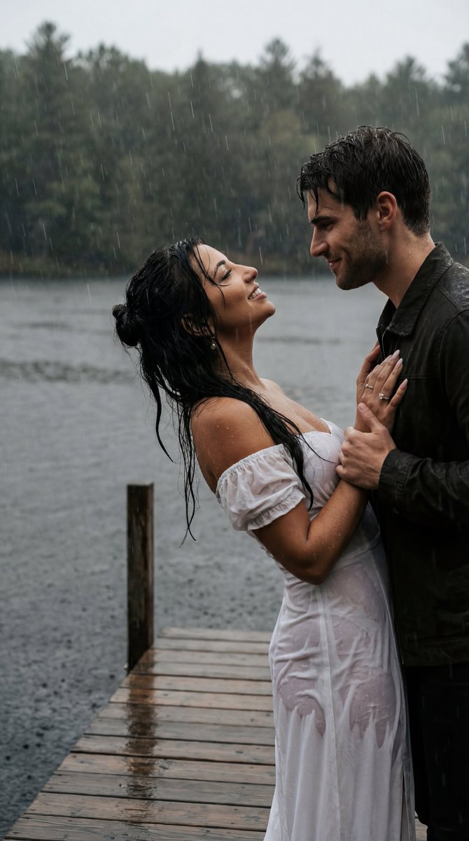 Cinematic Rainy Lakeside Couple Scene Prompt (Reference Lock) — example 1